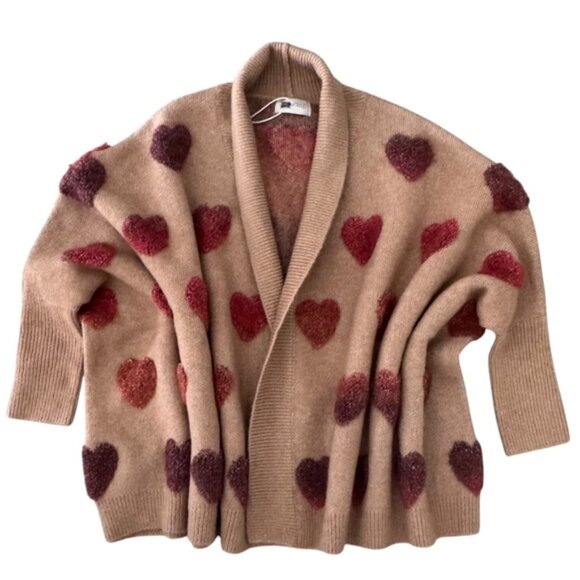 Look by M One Size Tan Wool Blend Cardigan w/Variegated 3D Heart Accents - Picture 4 of 10